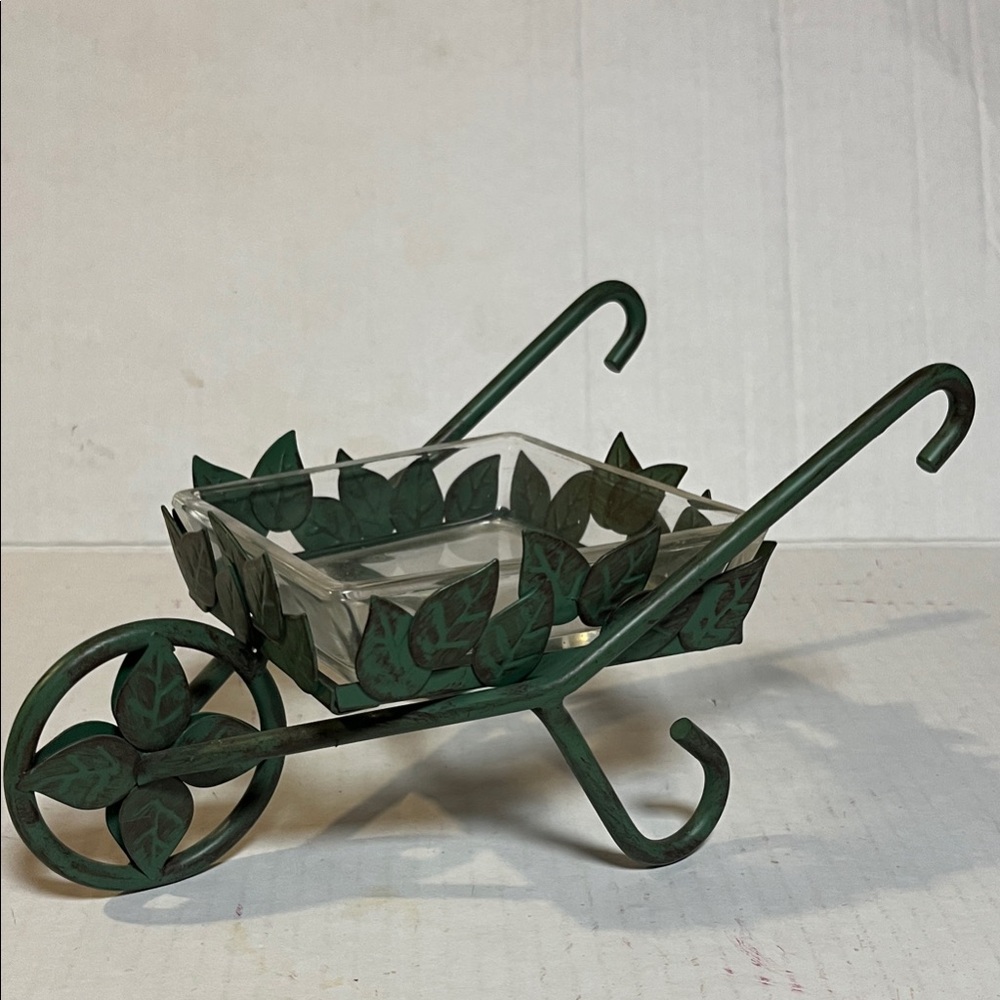 Vintage Partylite Green Leaf Wheelbarrow Planter
